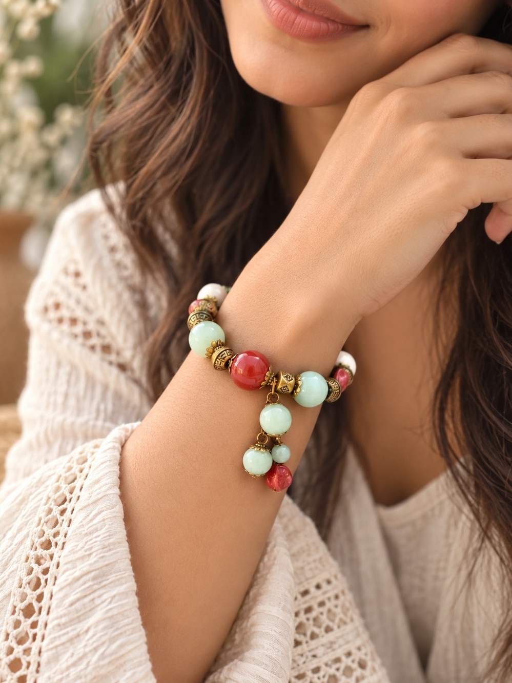 Handcrafted Multicolor Beaded Stretch Bracelet with Gold Accents - Red & Mint